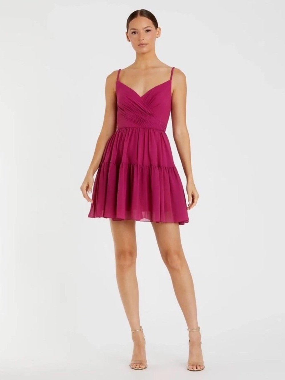 Mac Duggal Fuchsia Spaghetti-Strap Tiered Mini Dress